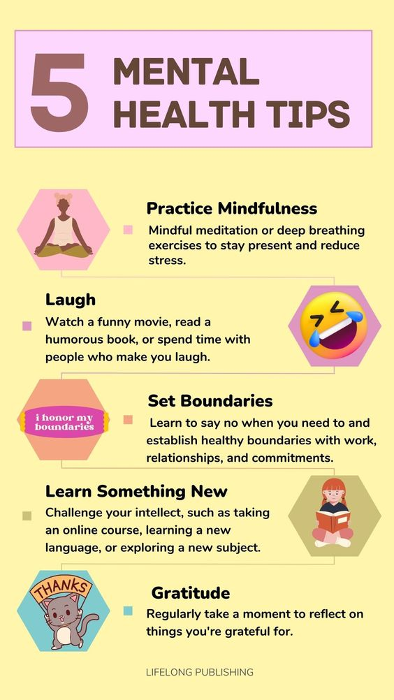 5 Mental Health Tips - Practice mindfulness - Laugh - Set boundaries - Learn something new - Gratitude